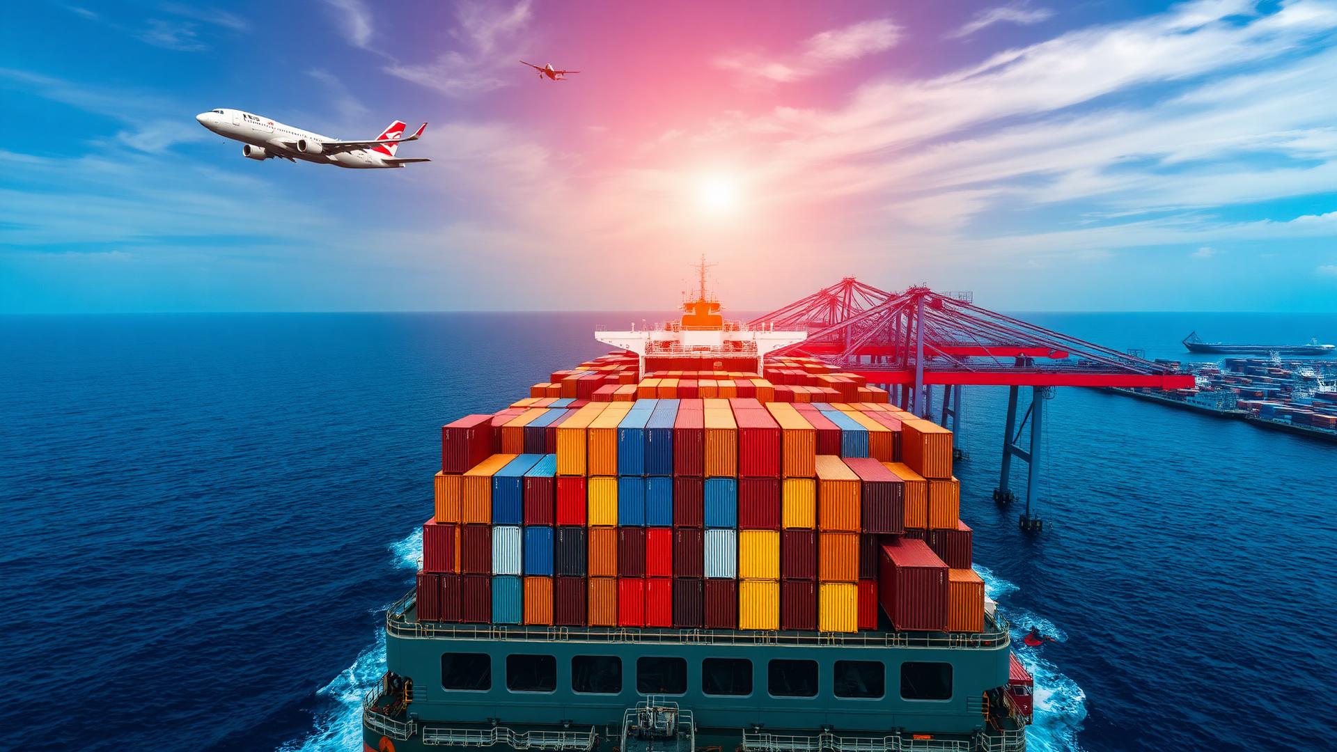Container ship and cargo plane at global shipping port
